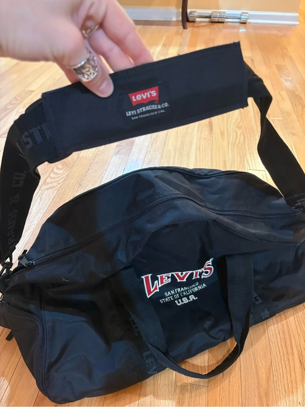 Vintage Levis Duffle Bag Black Gym Travel Weekender Carry On Adjustable Strap
